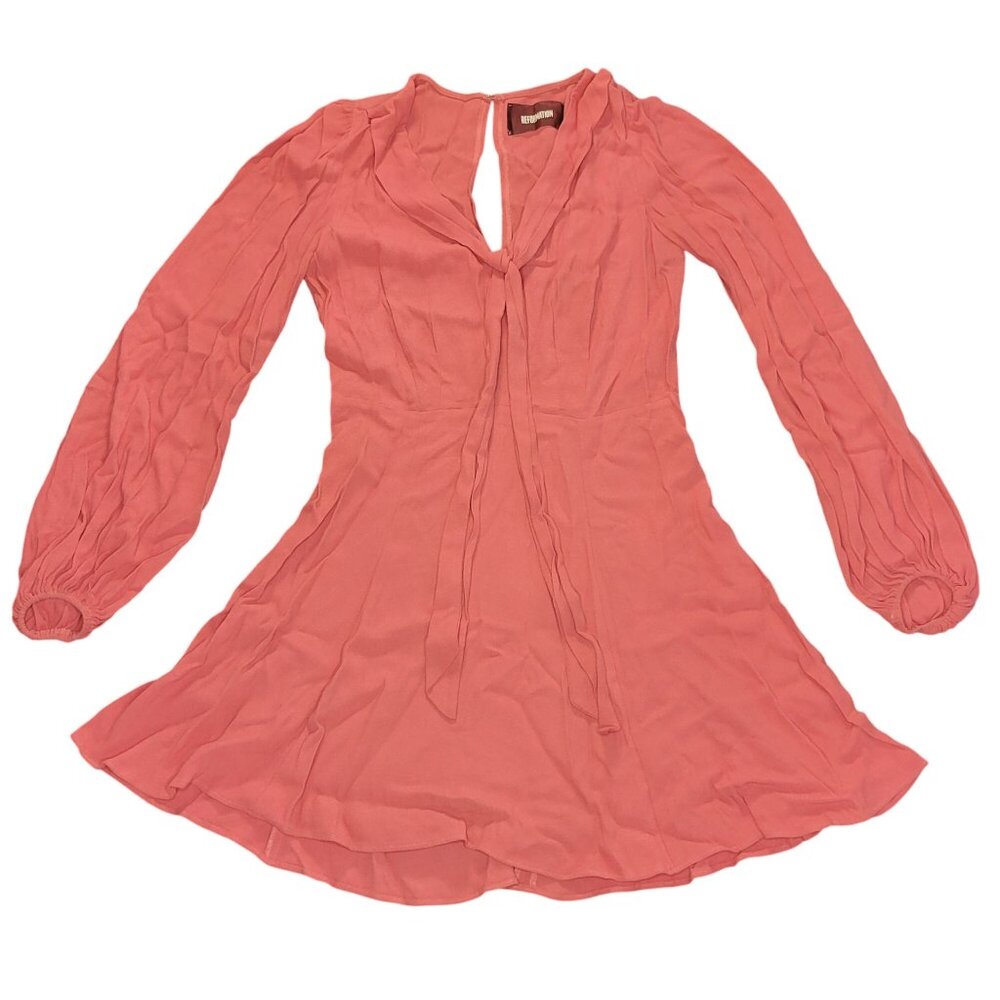 Reformation Women Dress Sz 6 Coral Pink Long-Sleeve Mini Flowy Skirt Tie Front